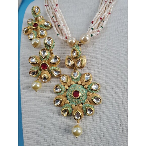 Statment Necklace And Earring Set Boho Ethnic Fairy Beaded Flower India - Picture 3 of 12